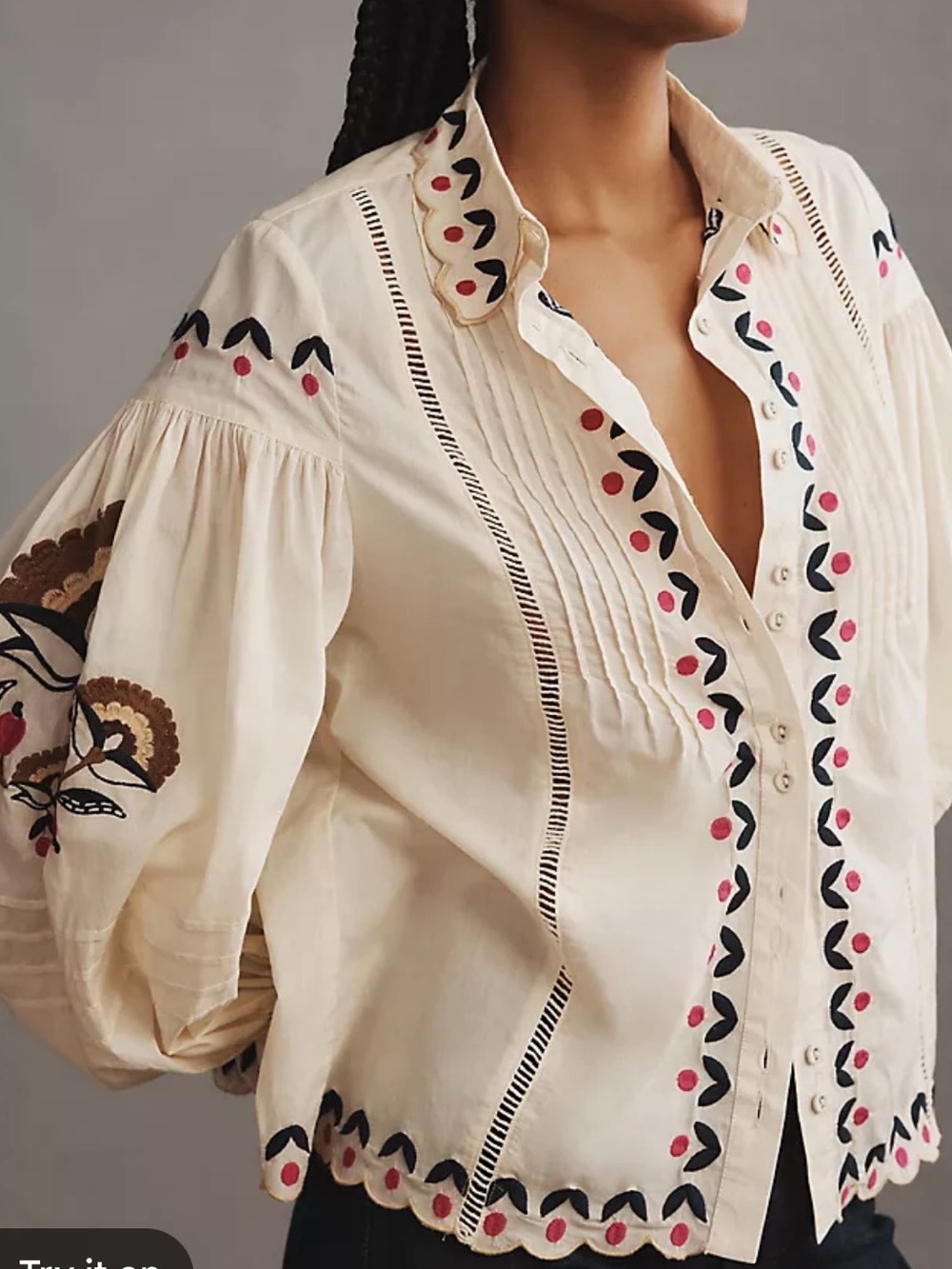 FARM Rio Cream Button-Down Blouse with Black & Pink Embroidery - Picture 2 of 10